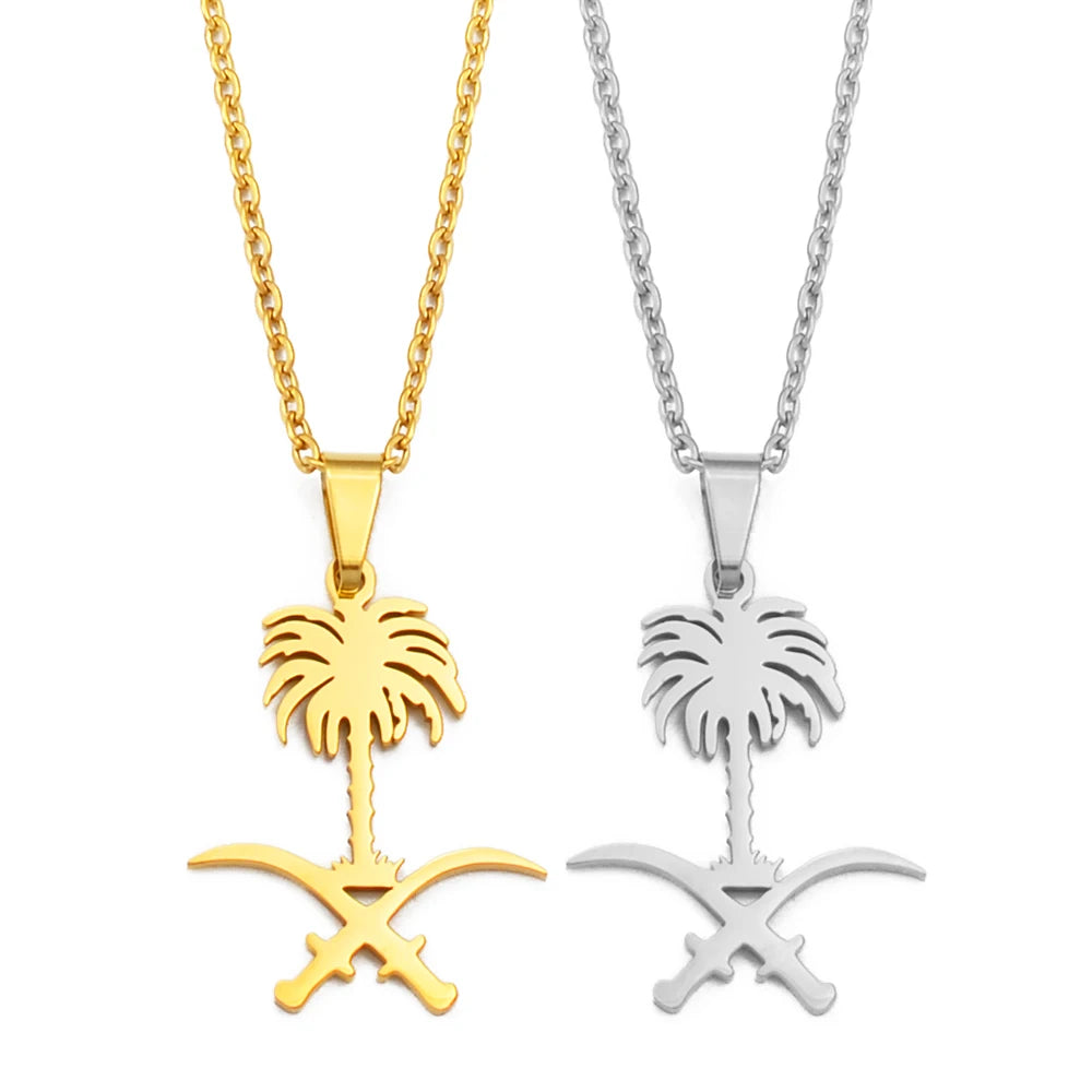 Gold and silver Saudi Arabia emblem necklaces.