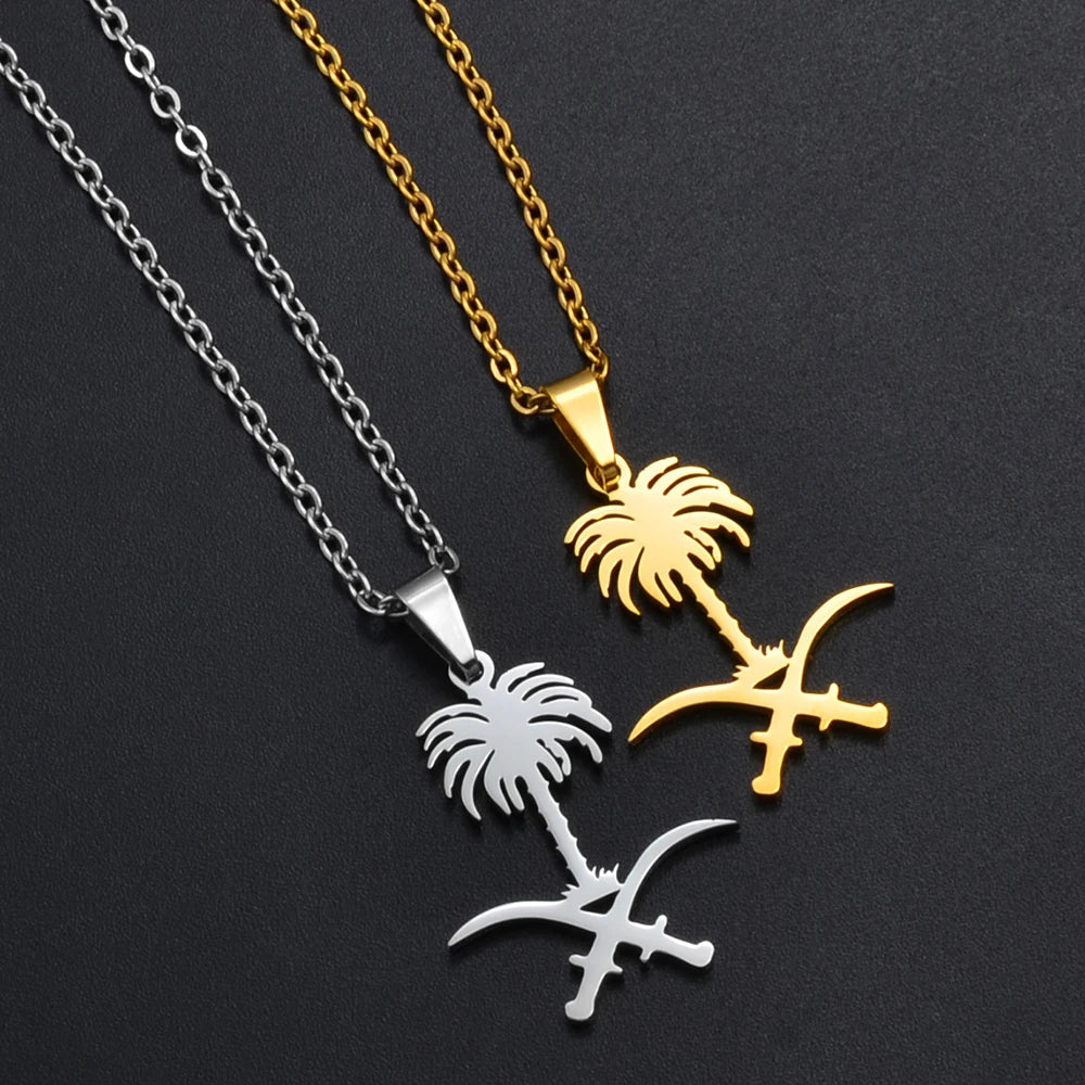 Silver and gold Saudi Arabia emblem necklaces.