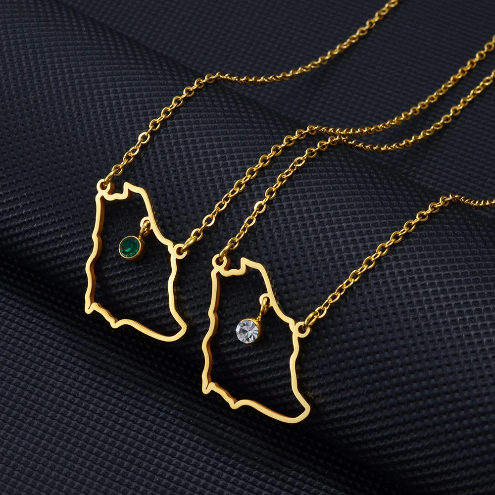 Saudi Arabia Map with Green Stone 14k Yellow Gold Charm Pendant Necklace: Two necklaces shown, one with green stone, one with clear stone.