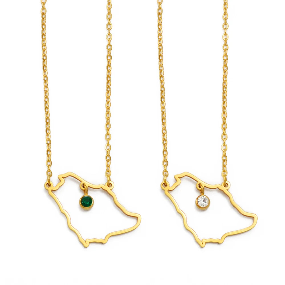 Saudi Arabia map charm necklaces, 14k yellow gold, green and clear stones.