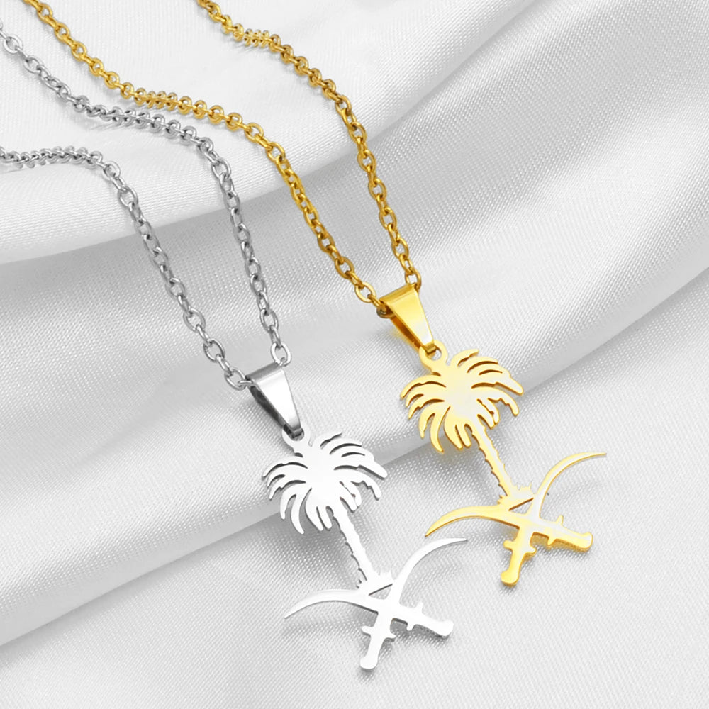 Anniyo Saudi Arabia emblem necklaces, silver and gold.