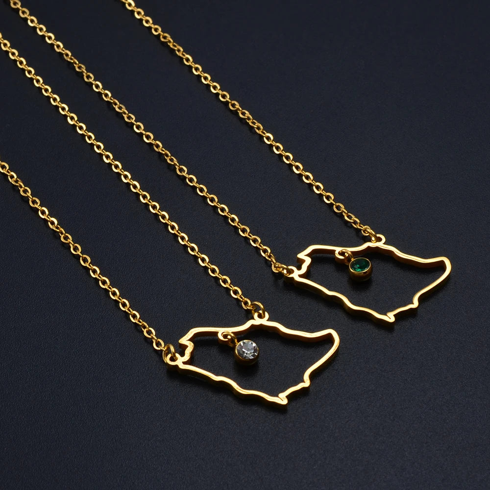 14k gold Saudi Arabia map necklaces, green and clear stones.