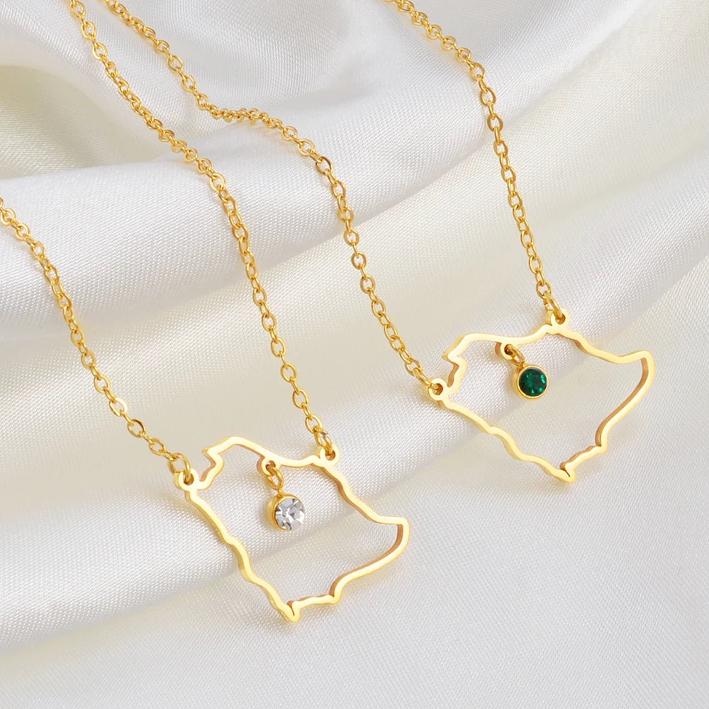 Saudi Arabia map necklaces, gold color, green and clear stones.