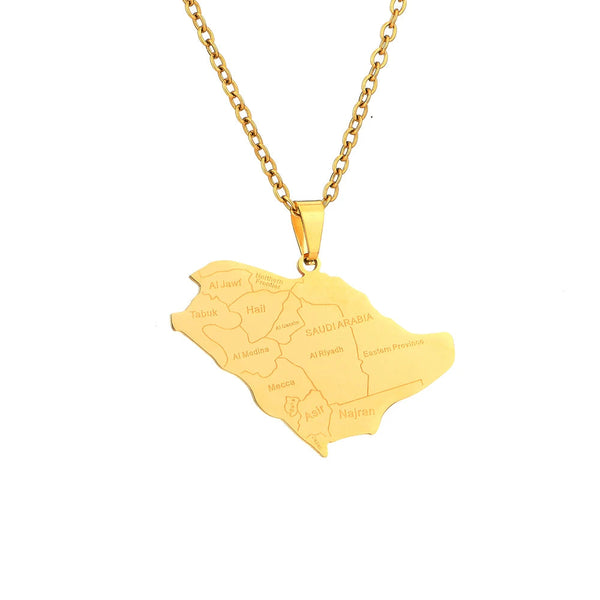 Gold Saudi Arabia map necklace. The pendant clearly shows inscribed place names within the map outline, including 'Al Jawi' at the top, 'Tabuk' and 'Hail' in the northern region, 'Al Madina' in the west, 'Mecca' in the central region, 'Najran' in the south, and 'Asir' in the southwest. 'SAUDI ARABIA' is also inscribed centrally.
