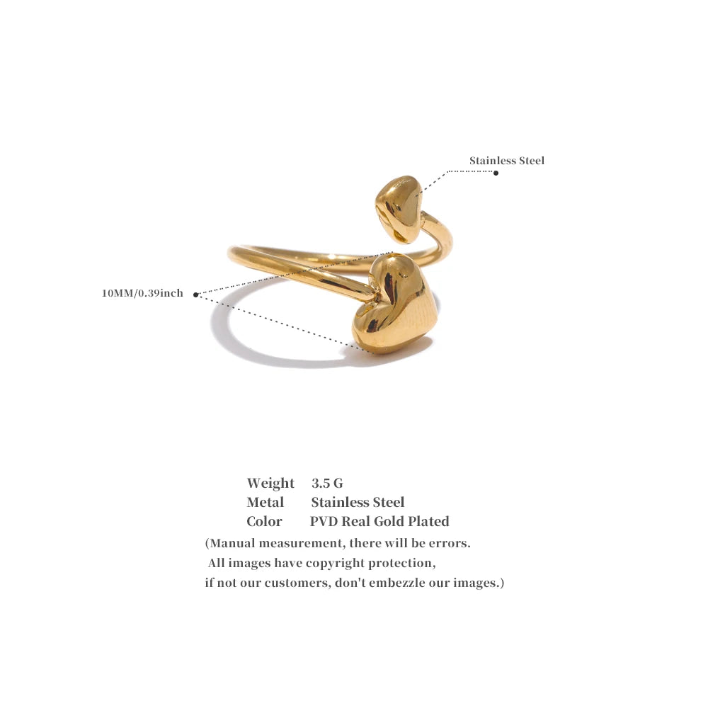 Trendy double heart ring, PVD gold plated stainless steel, 3.5g weight