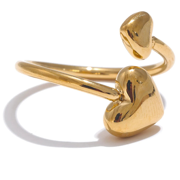 Gold open ring with two heart accents