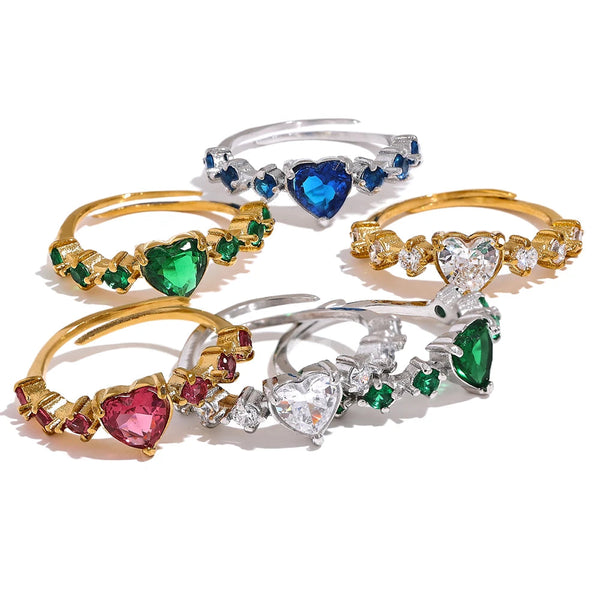 Set of colorful gemstone heart rings