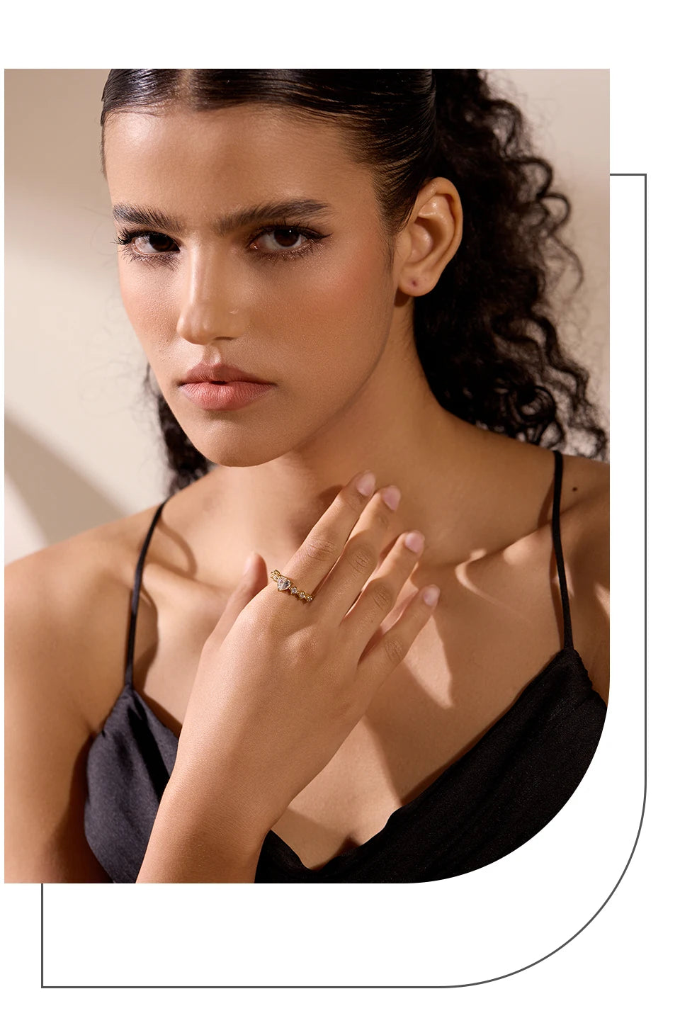 Elegant Gold Ring with Gemstones – A stunning close-up showcasing a gold ring with sparkling gemstones on a woman's hand. The intricate design and delicate setting make this jewelry piece a perfect choice for elegance and everyday luxury.