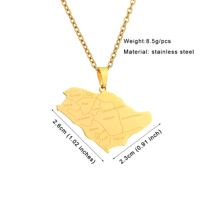 Gold map of Saudi Arabia pendant necklace, stainless steel, 2.6cm wide.
