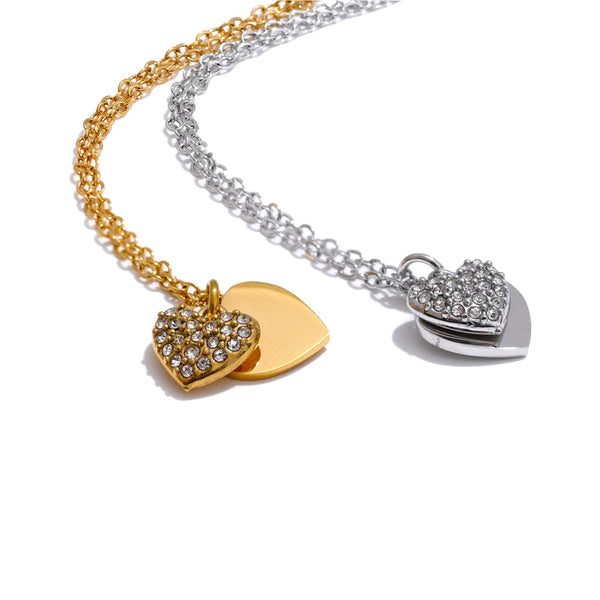 Double heart necklace, mixed metals, delicate jewelry, gift for her