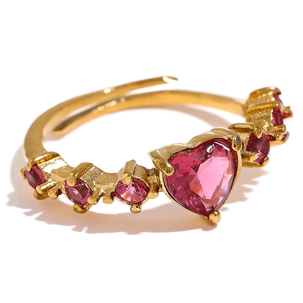 Adjustable gold heart ring with pink crystals