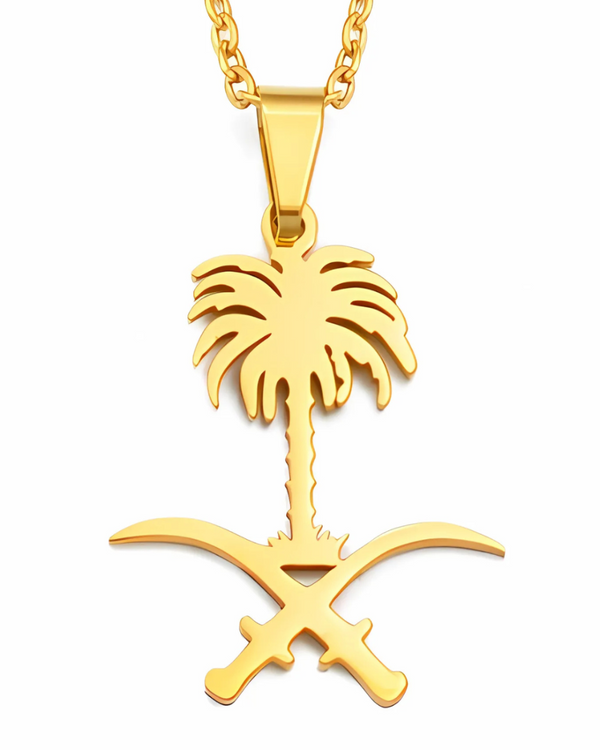 Gold-tone necklace featuring the Saudi Arabia national emblem as a pendant. The emblem consists of a palm tree above two crossed swords.